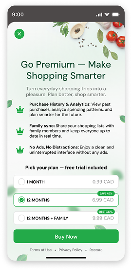 Visual Grocery app screenshot - share lists with family