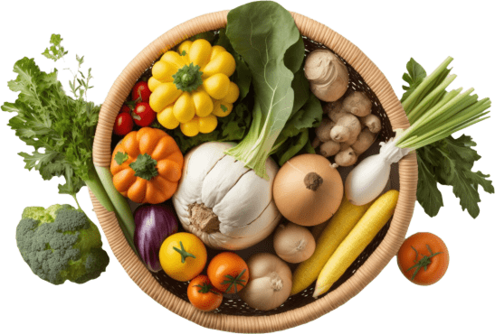 Shopping basket filled with fresh groceries and vegetables